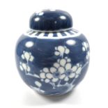 A CHINESE BLUE AND WHITE PRUNUS PATTERN GINGER JAR, DOUBLE RING MARK TO BASE