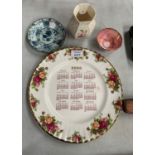 A OLD COUNTRY ROSES CALENDAR PLATE, TOGETHER WITH AN ORIENTAL BOWL, A MAVIS BOWL AND BELLEIK VASE
