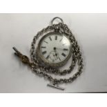 A .925 SILVER GENTS OPEN FACED POCKET WATCH WITH UNMARKED ALBERT CHAIN, TWO KEYS