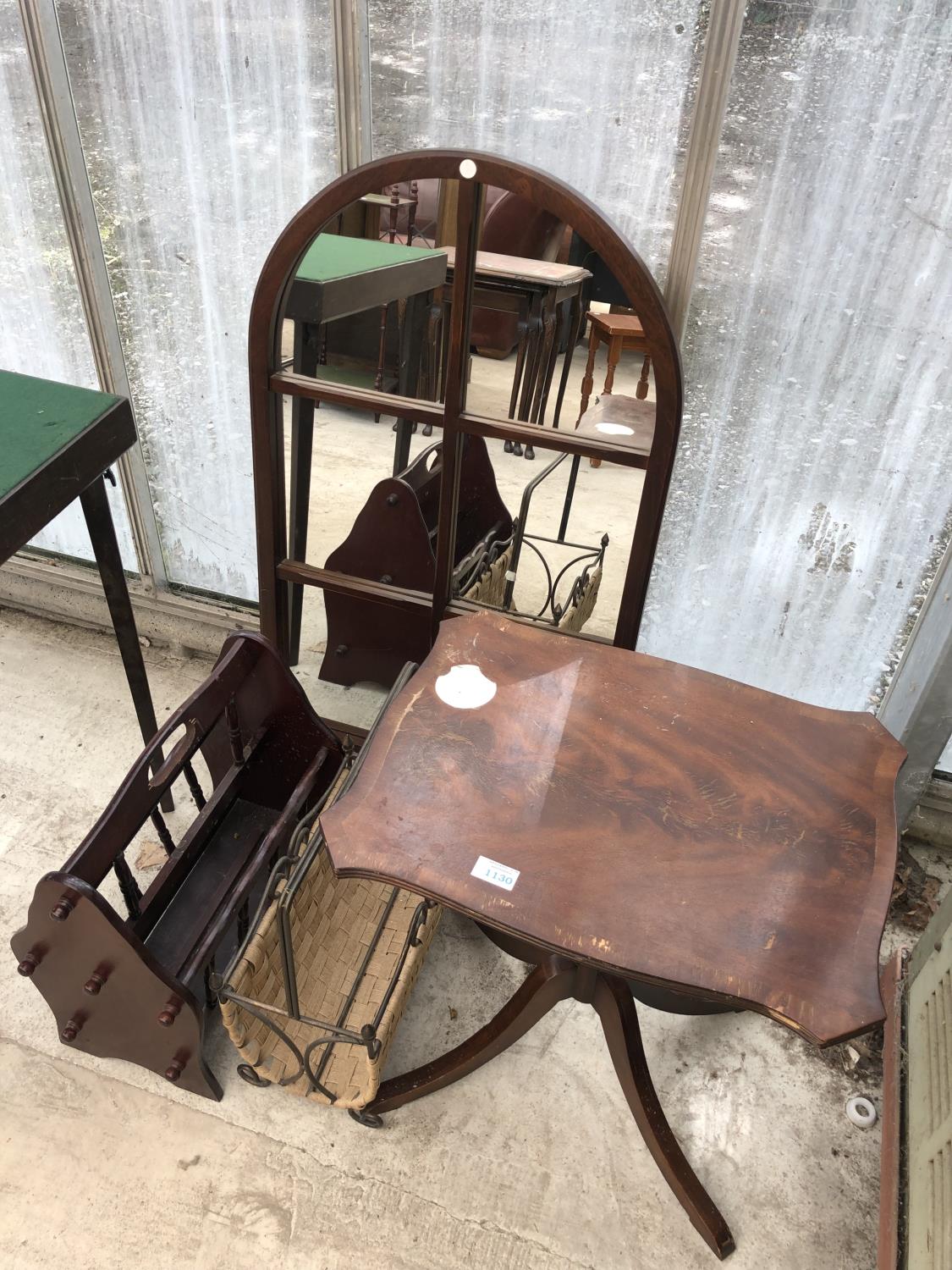 FOUR ITEMS - MIRROR, MAGAZINE RACKS AND SIDE TABLE