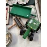 A MODEL JOHN DEERE TRACTOR AND WOODEN TRAILER WITH IMPLEMENT