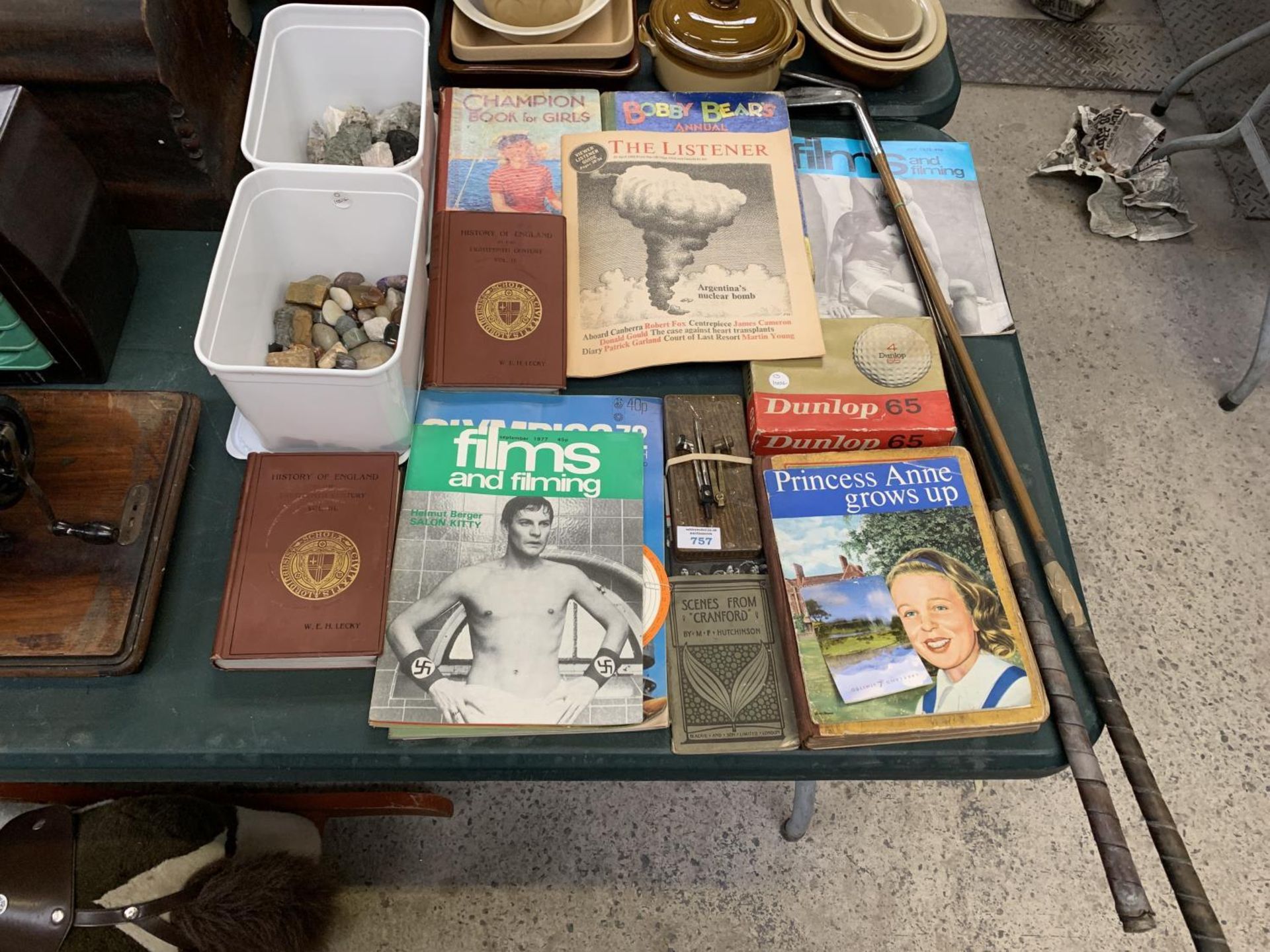 A COLLECTION OF ITEMS TO INCLUDE VINTAGE GOLD CLUBS, BOOKS/ MAGAZINES , ROCKS ETC