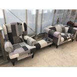 A GREY UPHOLSTERED THREE PIECE SUITE - ARMCHAIR AND FOOTSTOOL AND TWO SEATER