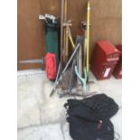 VARIOUS GARDEN TOOLS TO INCLUDE A PICK AXE, RAKE, SHOVEL, TRIMMERS ETC AND GOLF BAG/CLUBS