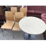 FOUR MODERM BEECH DINING CHAIRS AND A CIRCULAR BEECH EFFECT TABLE