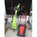 A SOVEREIGN MOWER AND VARIOUS GARDEN TOOLS