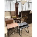 FOUR ITEMS - BLACK NEST OF TWO TABLES, SIDE TABLE AND MODERN STANDARD LAMP