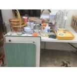 A MIXED LOT TO INCLUDE TWO FOLDING PICNIC TWO PICNIC TABLES, NEW PICNIC PLATES, BOWLS CUPS, JUG ETC,