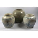 A PAIR OF CHINESE PROVINCIAL STYLE JARS TOGETHER WITH AN EARLY CHINESE STONEWARE JAR (3)