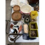 A COLLECTION OF COINS, PLATES, A BRASS STYLE HORSE MODEL ETC