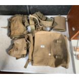 A VINTAGE ARMY BAG AND FLASK ETC