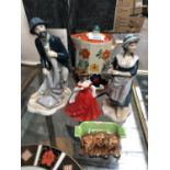 FIVE ITEMS - BESWICK DOG MODEL, PAIR WELSH CREST FIGURES, WADE ART DECO JUG AND LADY FIGURE