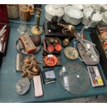 A MIXED COLLECTION OF ITEMS TO INCLUDE TINS, CANDLE STICKS ETC