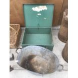 A VINTAGE GALVANISED BATH AND A GREEN METAL STORAGE BOX