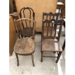 FOUR CHAIRS - TWO BENTWOOD AND A PAIR OF OAK DINING CHAIRS