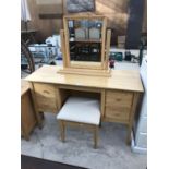 A MODERN OAK DRESSING TABLE, WITH DRESSING MIRROR AND STOOL