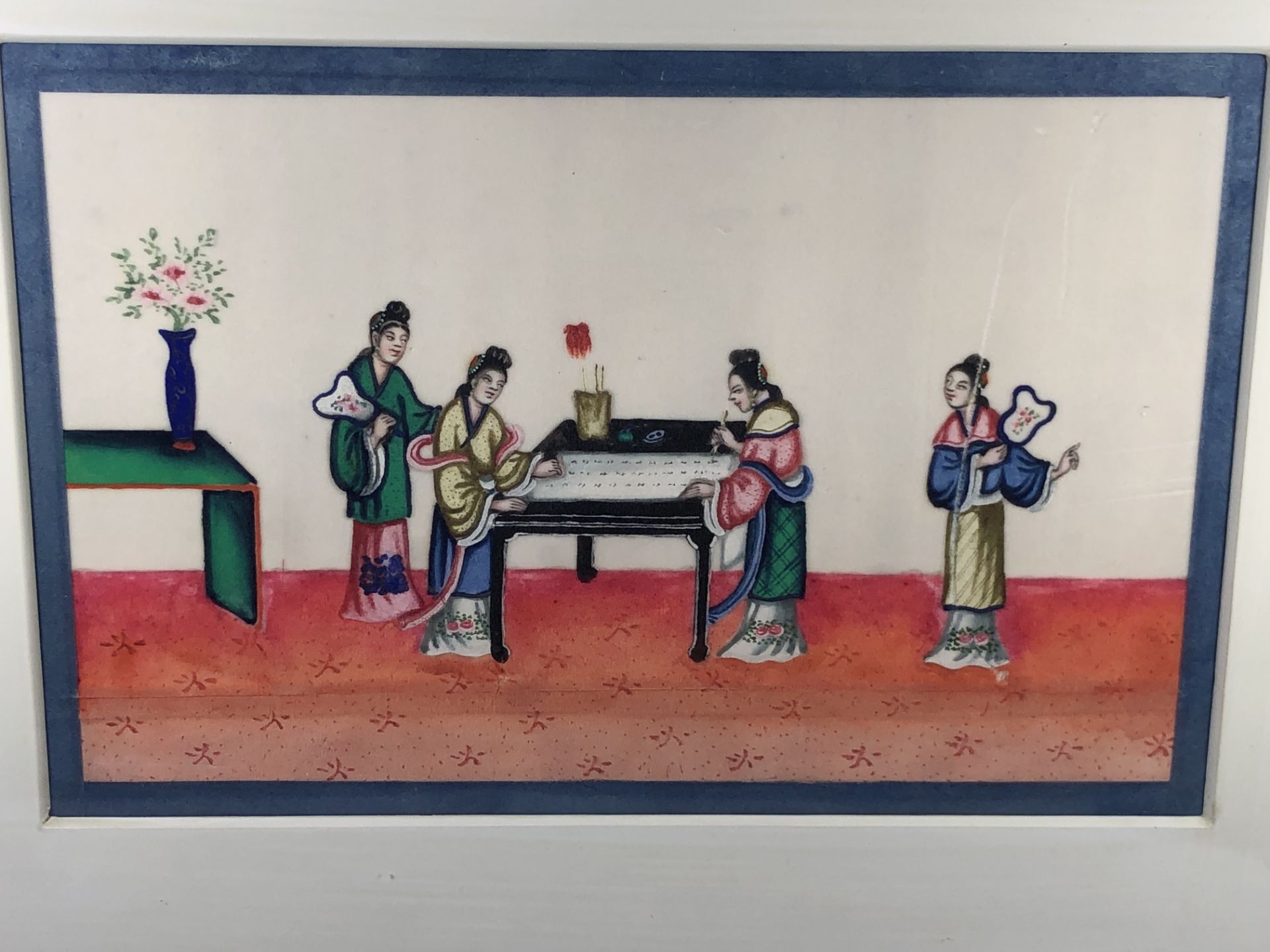 A 19TH CENTURY CHINESE SILK HAND PAINTED PICTURE, 34 X 44 CM (BAMBOO OVERLAY FRAMED) - Image 2 of 2