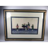 A 19TH CENTURY CHINESE SILK HAND PAINTED PICTURE, 34 X 44 CM (BAMBOO OVERLAY FRAMED)