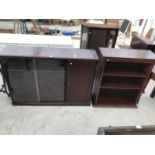 A MAHOGANY CABINET WITH SINGLE DOOR AND TWO SLIDING DOORS AND A MAHOGANY THREE TIER BOOKCASE