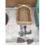 A VINTAGE WICKER PICNIC BASKET,TWO IRONS,A SHOE LAST AND A MINCER