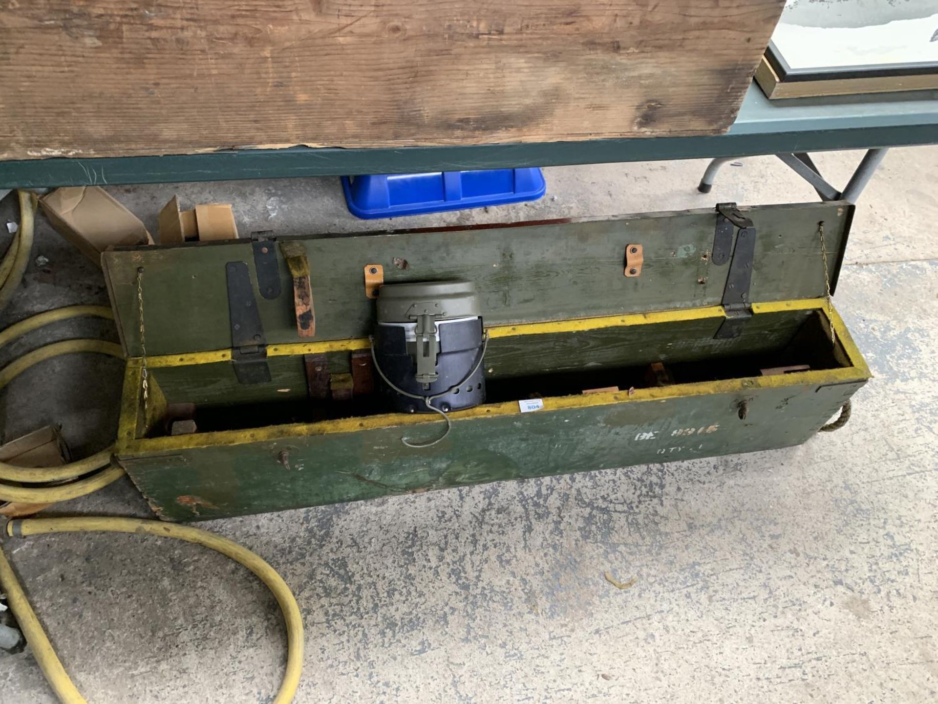 A VINTAGE WOODEN ARMY CRATE AND WATER CAN (2)