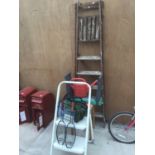 A VINTAGE SIX RUNG WOODEN STEP LADDER, A STOOL, A METAL TWO RUNG STEP LADDER, A PATIO SET COVER ETC