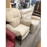 TWO ARMCHAIRS - ONE CREAM LEATHER AND ONE CREAM UPHOLSTERED