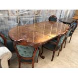 A WALNUT EFFECT LARGE DINING TABLE AND SIX BUTTON BACK FABRIC UPHOLSTERED CHAIRS TO INCLUDE TWO