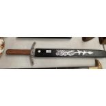 A DECORATIVE WOODEN HANDMADE SWORD DISPLAY TOGETHER WITH TWO HANDMADE ITEMS (3)