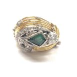 A 1970'S BOMBE DESIGN EMERALD AND DIAMOND CLUSTER RING, TESTS TO 18CT GOLD, PRINCIPAL DIAMOND APPROX