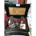 AN INLAID BOX CONTAINING VARIOUS PIECES OF COSTUME JEWELLERY