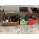 THREE STORAGE BOXES CONTAINING A VARIETY OF ITEMS TO INCLUDE MATCH BOXES, CLOCKS ETC