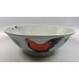 A CHINESE POTTERY BOWL WITH COCKEREL HAND PAINTED DESIGN, UNMARKED TO BASE, DIAMETER 20CM