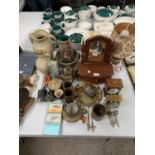 A COLLECTION OF VARIOUS ITEMS TO INCLUDE A LAMP, DESK MIRROR, CLOCKS ETC