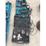THREE CORDLESS DRILLS IN CASES TO INCLUDE A DRAPER, MATIKA, RICHMOND AND A PERFORMANCE TOOL ETC