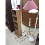 THREE ITEMS - A MODERN STANDARD LAMP, A BRASS STANDARD LAMP AND A TALL TEAK EFFECT CABINET