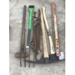 VARIOUS GARDEN TOOLS TO INCLUDE A NEW SPEAR AND JACKSON AXE, PICK AXE CROW BARS, FORK, LUMP HAMMER