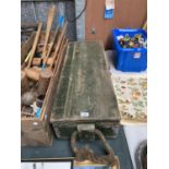 A LARGE GREEN VINTAGE WOODEN AMMO BOX