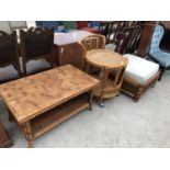 THREE BAMBOO ITEMS - TROLLEY, STOOL AND COFFEE TABLE