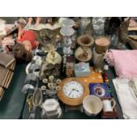 A LARGE COLLECTION OF ITEMS TO INCLUDE A CLOCK, VASES, CANDEL STICKS, MUGS ETC