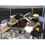 A LARGE COLLECTION OF HATS TO INCLUDE FLAT CAPS, BUSH HATS ETC, SCARVES MENS LEATHER BROGUE STYLE