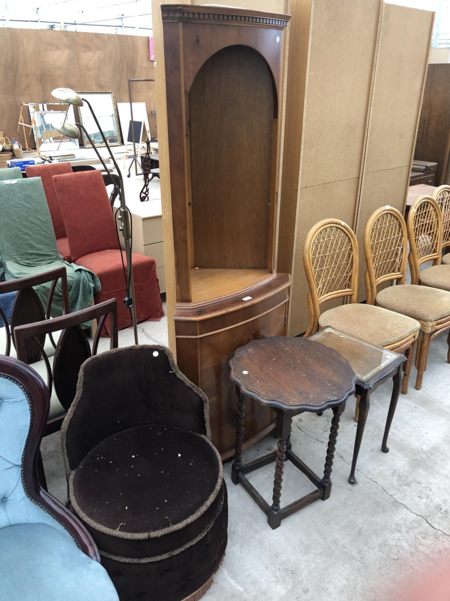 FOUR ITEMS - BEDROOM CHAIR, YEW WOOD CABINET AND TWO TABLES