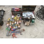 A QUANTITY OF JARS WITH SCREWS ETC, A STORAGE BOX AND CONTENTS ETC