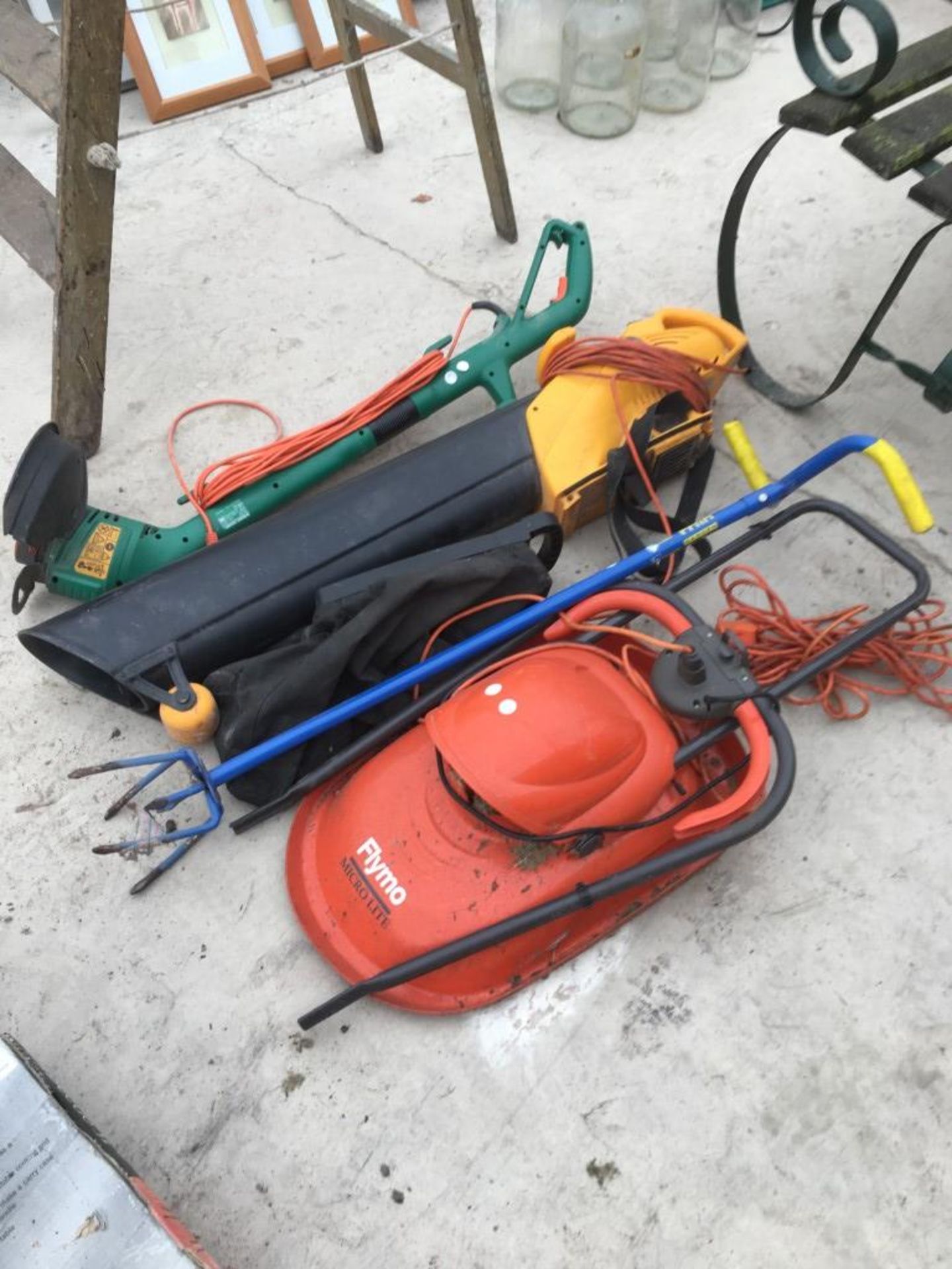 A MIXED GROUP OF ITEMS - FLYMO, LEAF BLOWER AND STRIMMER, ALL WORKING