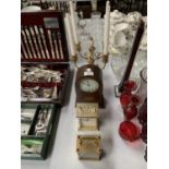 EDWARDIAN WOODEN MANTLE CLOCK AND CANDELABRA AND TWO FURTHER MODERN CLOCKS