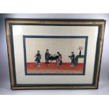A 19TH CENTURY CHINESE SILK HAND PAINTED PICTURE, 34 X 44 CM (BAMBOO OVERLAY FRAMED)