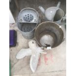 A VINTAGE GALVANISED WATERING CAN, MOP BUCKET, STAINLESS STEEL BUCKET AND A CONCRETE OWL
