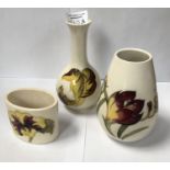 THREE MOORCROFT AUTUMN LEAVES PATTERN ITEMS - TWO VASES AND A POT, HEIGHT OF LARGEST VASE 15CM