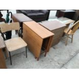 A RETRO CHAIR, A TEAK DROP LEAF DINING TABLE,A TEAK EFFECT CHEST OF FOUR DRAWERS, A PINE CHAIR AND A