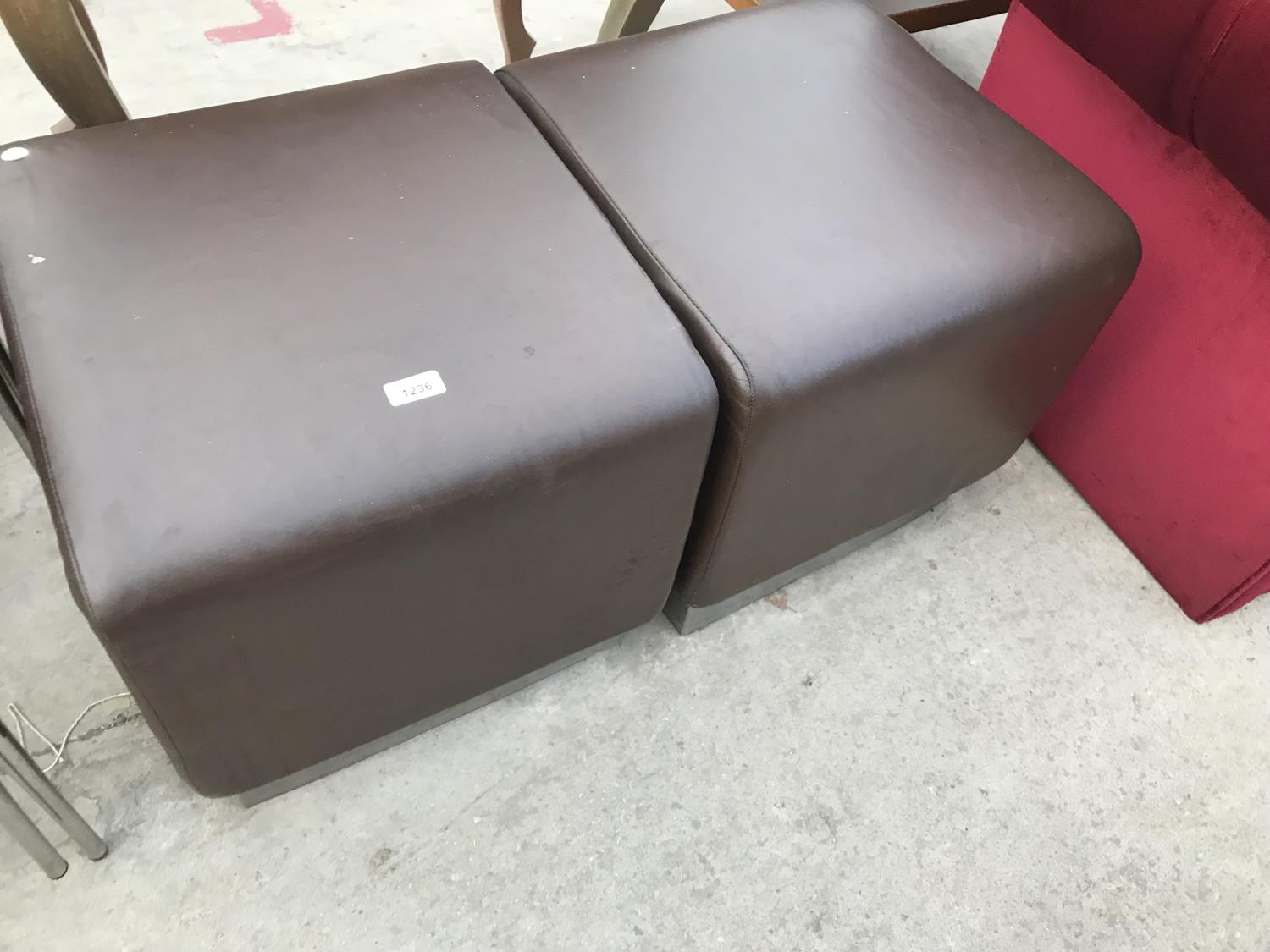 TWO BROWN LEATHERETTE FOOT STOOLS